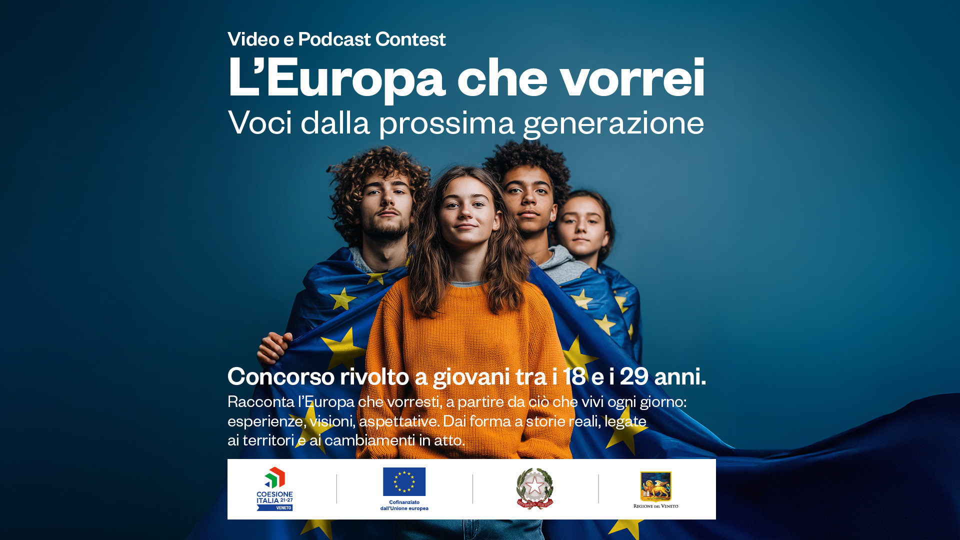Immagine del Concorso con 3 ragazzi e ragazze avvolti da bandiera dell'Europa